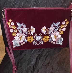Embroidered Burgundy Floral Velvet Shoulder, Crossbody, Clutch Handbag.